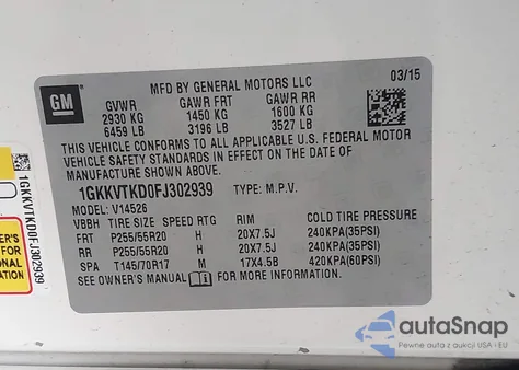 2015 GMC Acadia Denali z USA, uszkodzony, nr VIN 1GKKVTKD0FJ302939